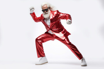 stylish aged playful emotion Santa in sunglasses with comic grimace fooling around on white...