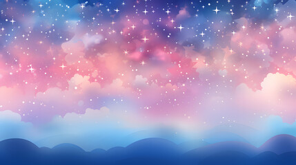 Fototapeta na wymiar Light-Filled Stars and Lights on Blue and Pink Background: Soft Gradients in Light Violet and Aquamarine