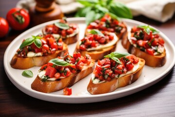 several bruschetta on a ceramic dish with basil leaves scattered around
