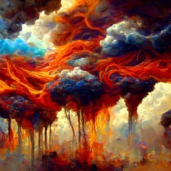 abstract stormy clouds raining fire on a psycadelic landscape 