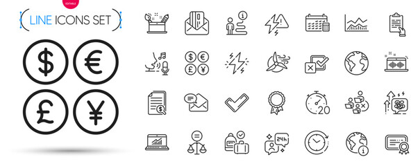 Pack of Stress grows, Creativity concept and Tick line icons. Include Internet, Calendar, Remove team pictogram icons. Certificate, Windmill turbine, Trade infochart signs. Consulting. Vector