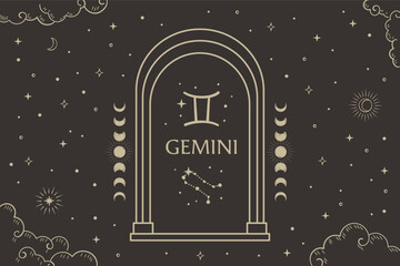 Gemini zodiac sign, Constellation illustration with dark night sky.