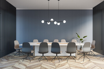 Modern meeting room office interior with wooden flooring. 3D Rendering.