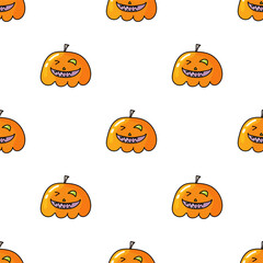 Seamless pattern with Halloween pumpkins. Jack orange lantern drawn with carved faces in doodle 