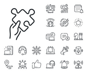 Hold Jigsaw piece sign. Place location, technology and smart speaker outline icons. Give Puzzle line icon. Business challenge symbol. Puzzle line sign. Influencer, brand ambassador icon. Vector