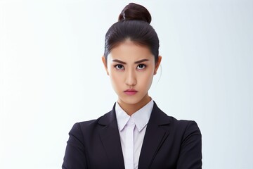 怒っている日本人の女性ビジネスマンのポートレート写真（白背景・サラリーマン・スーツ・若手・新人・新入社員） - obrazy, fototapety, plakaty