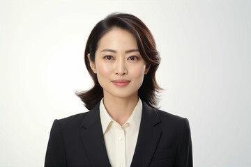 正面の日本人の女性ビジネスマンのポートレート写真（白背景・サラリーマン・スーツ・若手・新人・新入社員） - obrazy, fototapety, plakaty