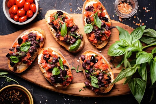 Overhead Image Of Bruschetta With Sliced Black Olives And Basil Leaves