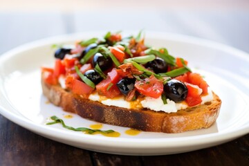 a single piece of bruschetta with olives on a plain white dish - obrazy, fototapety, plakaty
