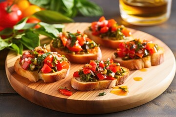 bruschetta with pickled capsicum slices on a leafy serving board - obrazy, fototapety, plakaty