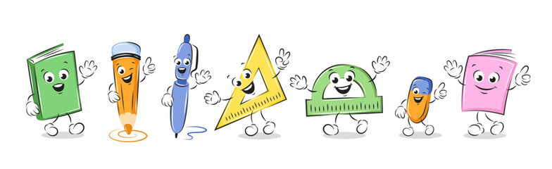 School funny office supplies characters in cartoon style. Book, notebook, pen, pencil, eraser, rulers. Knowledge and education concept. Vector illustration for children design or school.