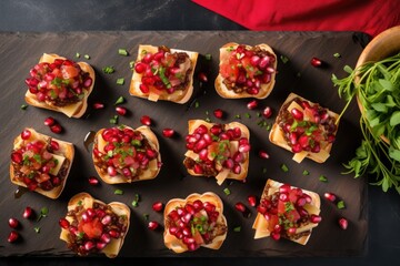 overhead view of pomegranate bruschetta aligned on a square slate plate