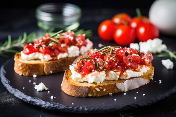 bruschetta with ricotta served with a rosemary sprig on top - obrazy, fototapety, plakaty