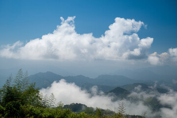 White clouds lay like cotton in the blue sky at the top of the mountain. The scenery along Alishan Highway. Chiayi County, Taiwan.