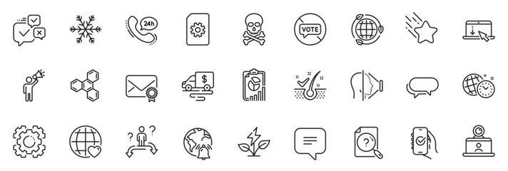 Icons pack as Verified mail, Stop voting and Brand ambassador line icons for app include Chemical hazard, Chemical formula, Business choice outline thin icon web set. Vector