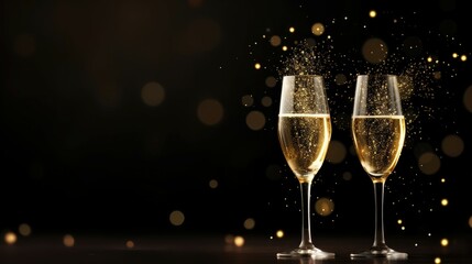 Champagne glasses background, sparkling bubbles rise, festive occasion.