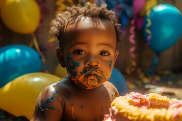 Black boy birthday party. Cute baby portrait with face of cake. Generate Ai