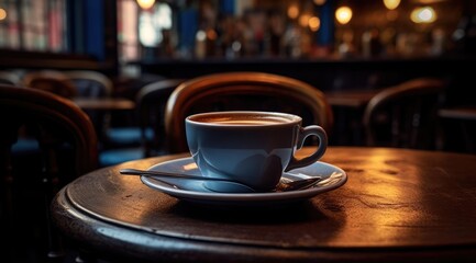 Coffee mug standing on table in the cafe