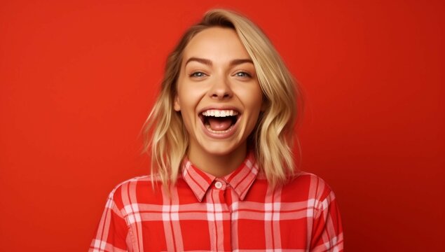 A 30 year old scandinavian shocked and smiled on a red background. Ai generative