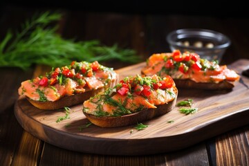 salmon bruschetta garnished with dill on a rustic table
