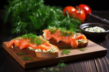 smoked salmon bruschetta with sprig of fresh dill