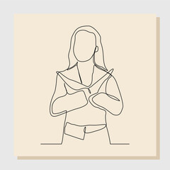 Continuous line art drawing of woman crossing hands gesture say no stop rejection ban or enough.  single one line vector illustration