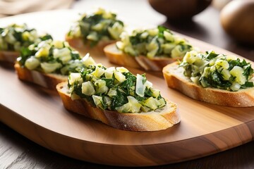 elegant spinach and artichoke bruschetta laid on a wooden bread board