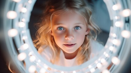 Front view of beautiful child girl with blogger ring light for recording video, user generated content, tutorials  - obrazy, fototapety, plakaty