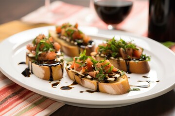 three bruschetta with truffle oil over a floral napkin