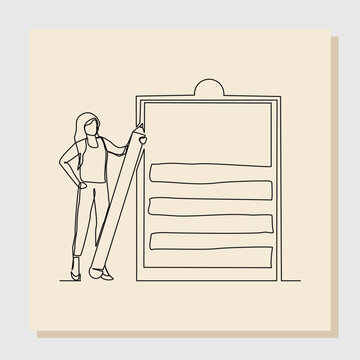 recommend clip art: Continuous single line drawing art of business woman holding big pencil and big clip board of checklist paper. Vector illustration one line sketch of complete task list successful