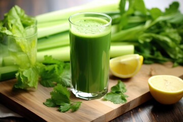 celery juice arranged with a variety of green foods on a table - obrazy, fototapety, plakaty