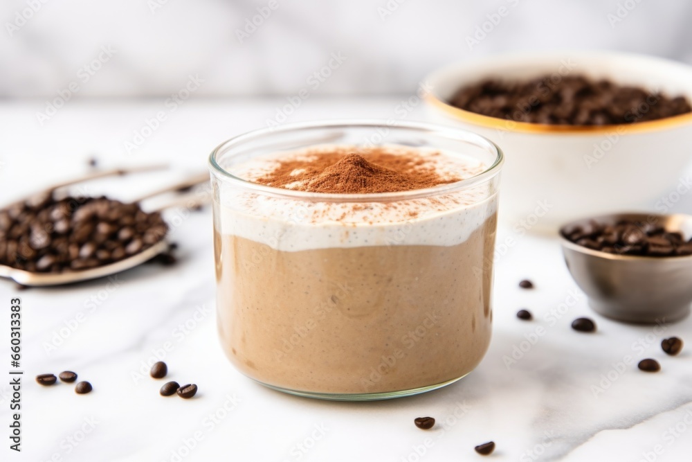 Poster coffee flavored chia seed pudding on a marble countertop