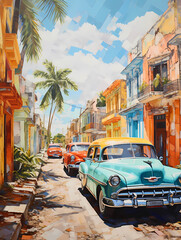 Obraz premium illustration de voitures de couleurs en ville à Cuba