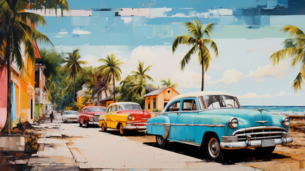 illustration de voitures de couleurs en ville à Cuba