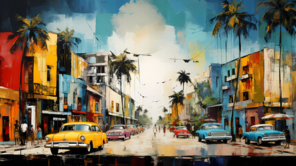Obraz premium illustration de voitures de couleurs en ville à Cuba