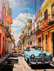 Fototapeta premium illustration de voitures de couleurs en ville à Cuba