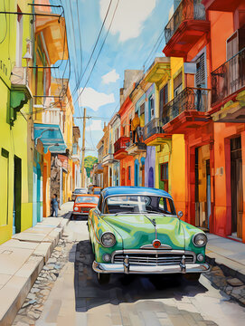 illustration de voitures de couleurs en ville à Cuba