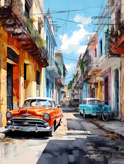 Obraz premium illustration de voitures de couleurs en ville à Cuba
