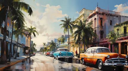 Obraz premium illustration de voitures de couleurs en ville à Cuba