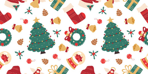 Christmas and New Year seamless pattern with holiday symbols, wrapping paper, background texture, postcards and posters decoration, vector illustration.