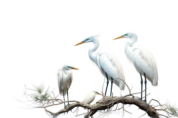 Obraz premium Image of group of a white egret birds on a branch on a white background. Birds. Animals. Illustration, Generative AI.