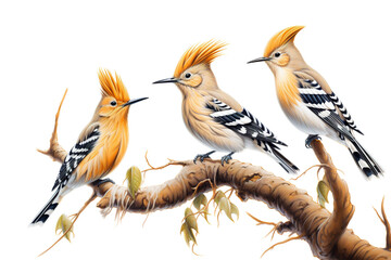 Fototapeta premium Image of group of hoopoes birds on a branch on a white background. Birds. Animals. Illustration, Generative AI.