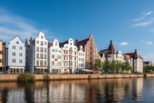 View of historical buildings in the Hanseatic city Rostock. Generative AI