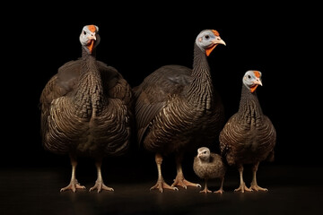 Image of family group of turkeys on black background. Farm animals. Illustration, Generative AI.