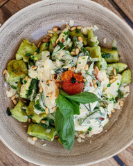 Overhead view of food served in bowl on table