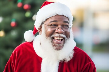African-American Santa Claus in a red costume and a Christmas hat smiling over defocused background. Concept Happy New Year, Merry Christmas