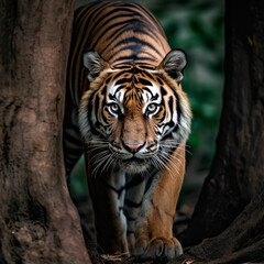 detailed close up portrait of tiger animal in jungle bushes, generative aii