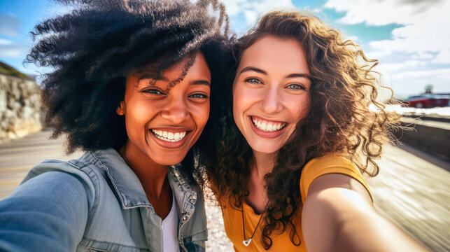 Fototapeta Happy Multicultural Young Women Smiling and Taking a Selfie at the Beach
