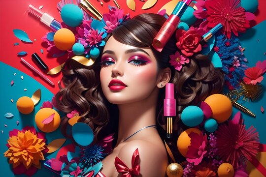 woman with makeup and hairstyle,
cosmetic product background