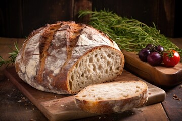 fermented sourdough bread loaf resting on a rustic, wooden board
